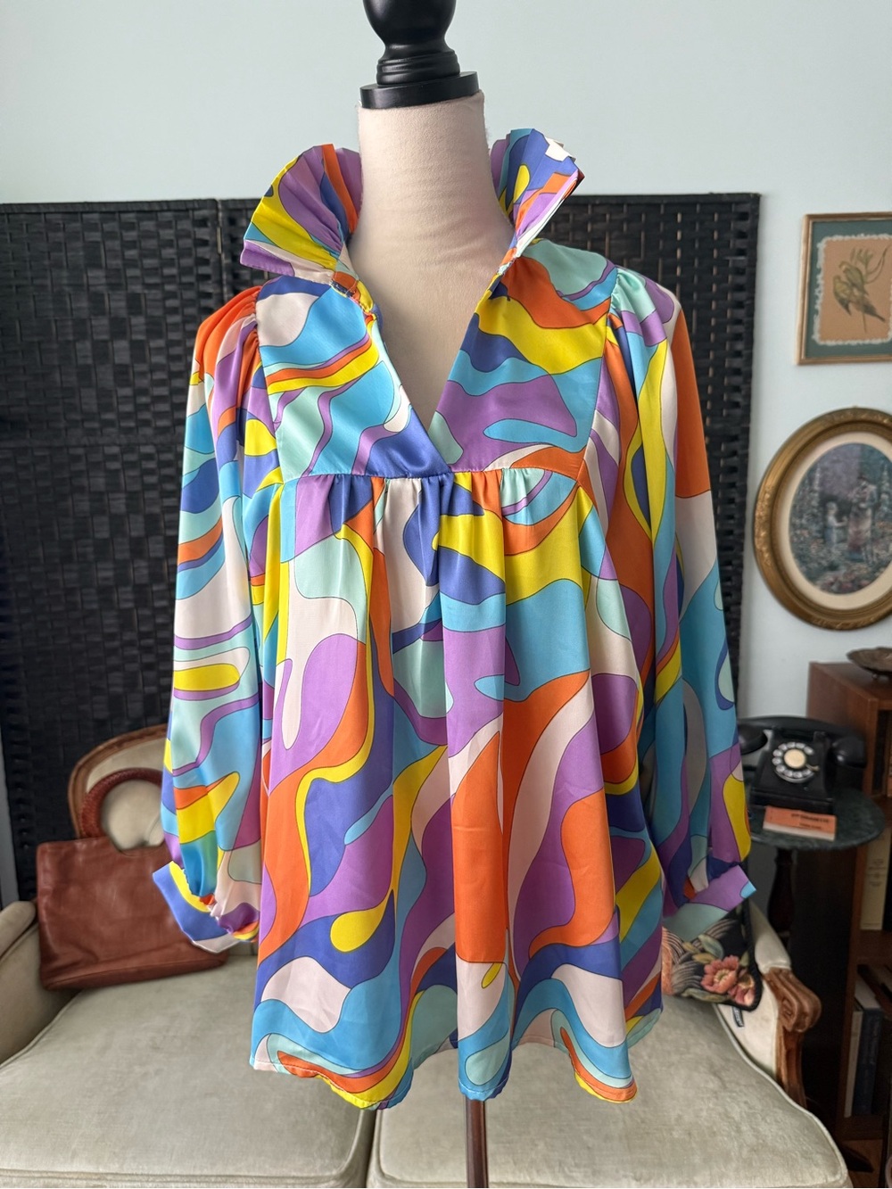 🌈✨ Adrienne Abstract Puff Sleeve Babydoll Blouse Retro Mod Small - Picture 4 of 12